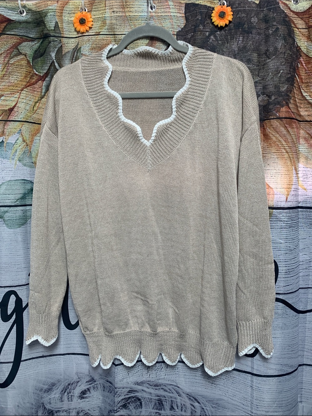 SHEIN Taupe V-Neck Scallop-Edge Sweater with White Trim